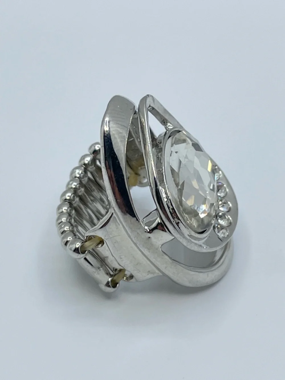 Silver Tone Crystal Glass Stretch Ring Large Oval Statement Adjustable